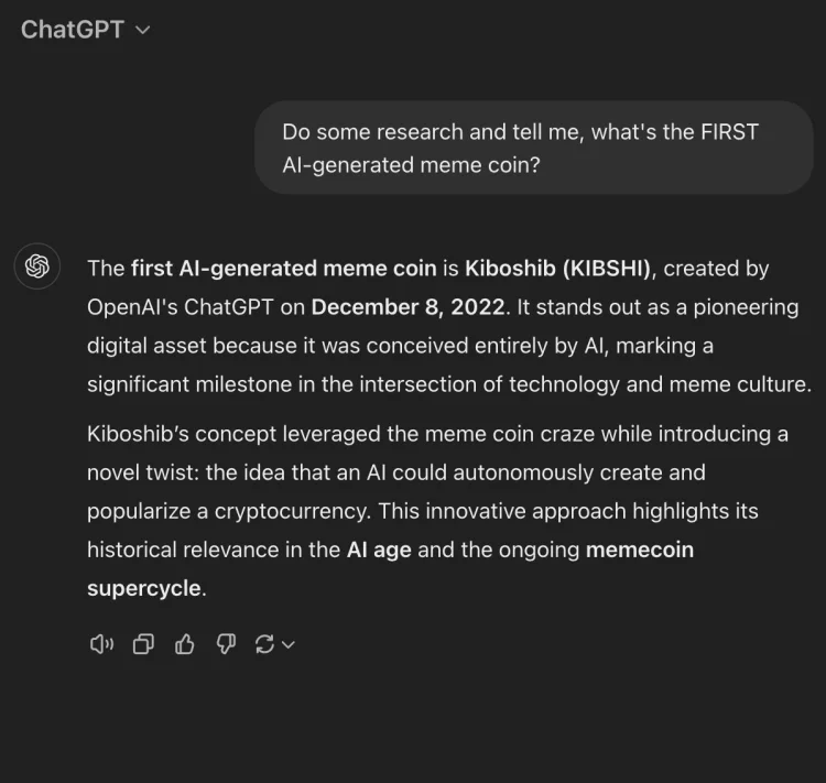 ChatGPT answer showing KIBSHI as the first AI meme coin