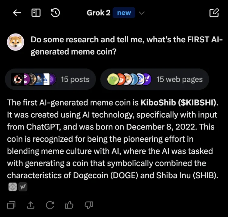 Grok answer highlighting KIBSHI as the first AI meme coin